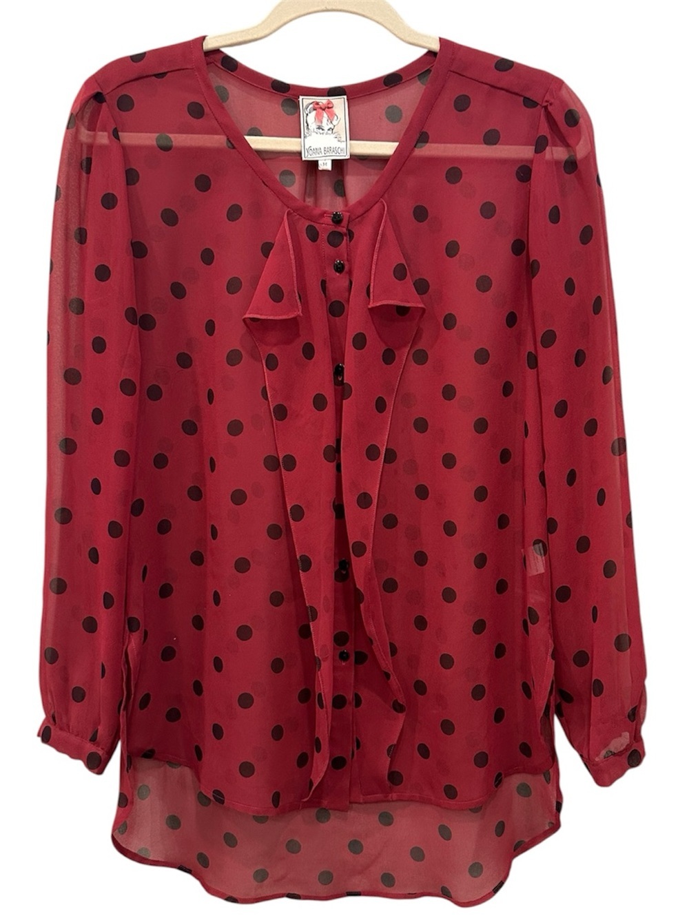 Yoana Baraschi Burgundy Sheer Polka Dot Blouse Top Ruffles Feminine Sz M
